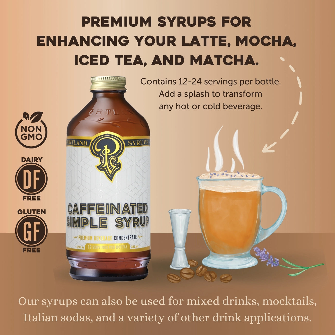 Caffeinated Simple Syrup - Portland Syrups Beautiful Craft Drink Mixer - Big