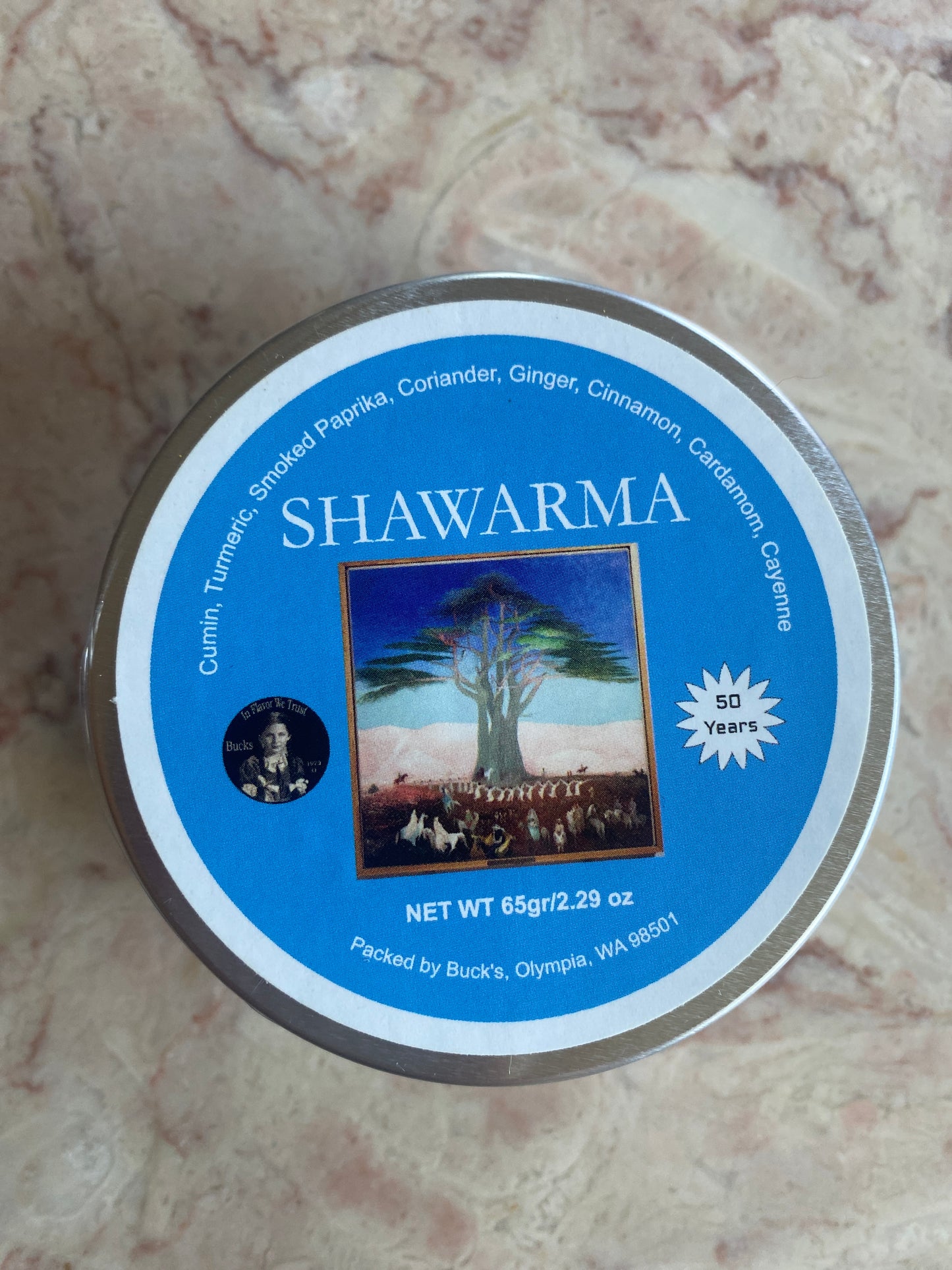 Shawarma Spice Blend, in a decorative and reusable tin