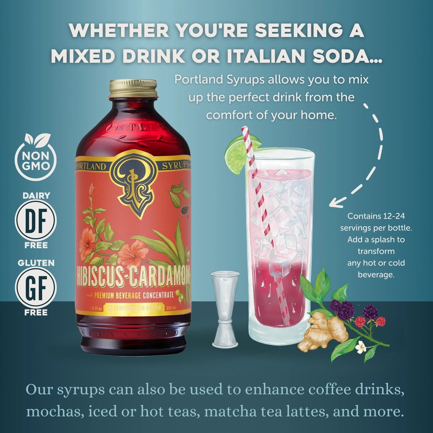 Hibiscus Cardamom Syrup - Portland Syrups Beautiful Craft Drink Mixer - Big